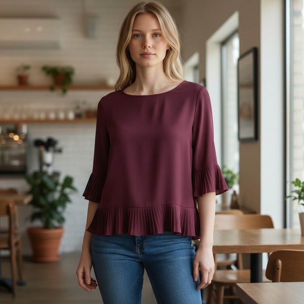 NEW Women's Burgundy Pleated Ruffle Hem‎ Blouse Size Small